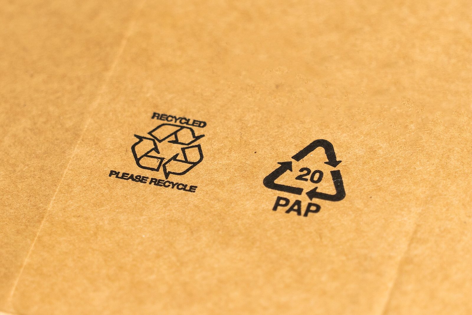 Oznaczenia „PLEASE RECYCLE" i „20 PAP" na kartonie. Za sam recykling opakowania płaci się grosze — płaci się za prawo do wysyłki. Fot. Meanwell Packaging / Wikimedia Commons, CC BY 2.0