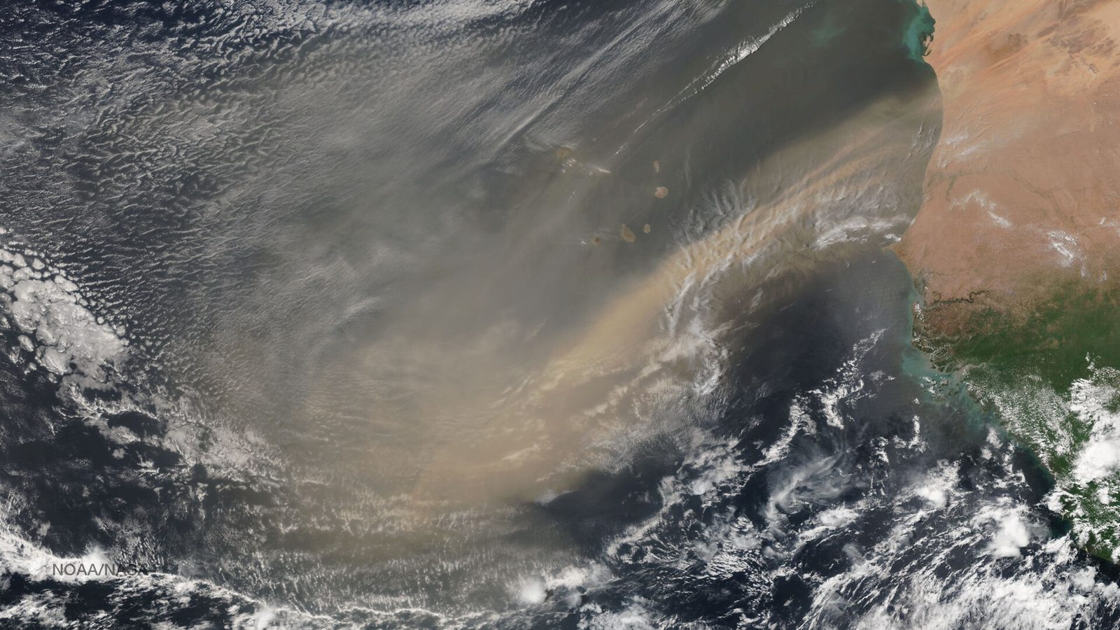Masa suchego, zapylonego powietrza znad Sahary wychodząca nad wschodni Atlantyk. Suche powietrze osłabia konwekcję w młodych układach tropikalnych. Fot. NOAA / Wikimedia Commons, domena publiczna